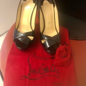 Christian Louboutin Black Patent Leather Slingback Peep-Toe Heels with Red Sole